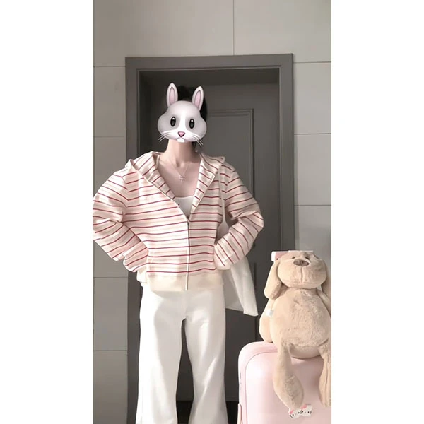 韩系慵懒风宽松粉白条纹开衫连帽卫衣女秋季新款休闲外套长裤套装