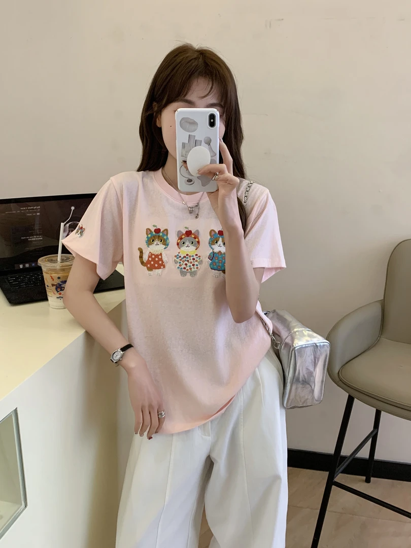 猫鼠熊精选韩系简约百搭重工刺绣三只小猫刺绣T恤韩版设计感夏季