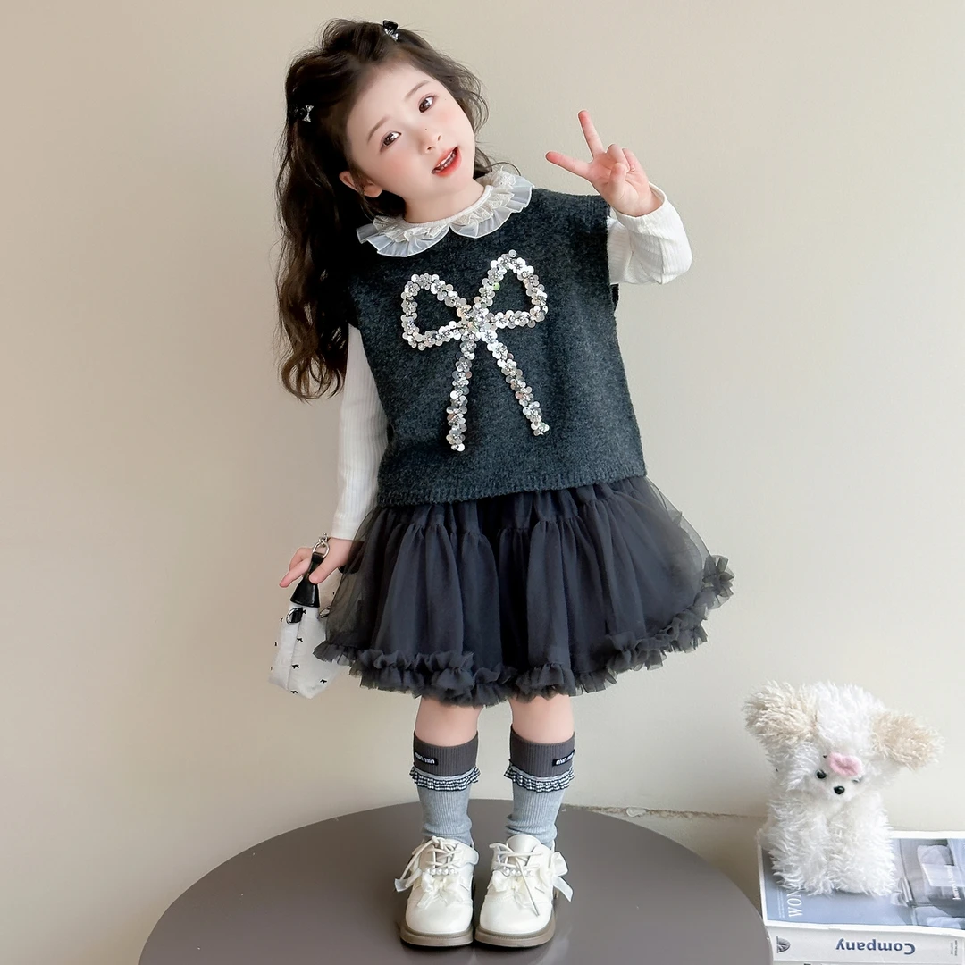 女童洋气时髦半身裙套装春秋2025新款女宝宝学院风三件套气质秋装