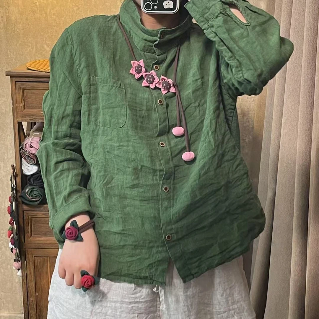 爱麻吖 新款砂洗亚麻开扣堆领上衣百搭