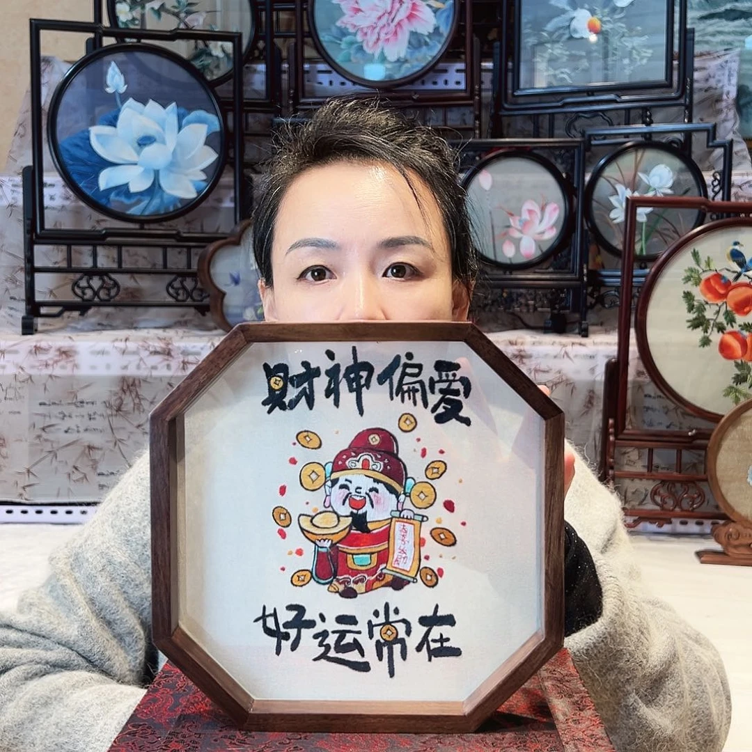 刺绣苏绣摆台胡桃木手工双面