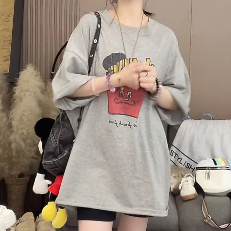 【薯条派】2025新款休闲百搭薯条字母印花短袖T恤女中长款显瘦上衣