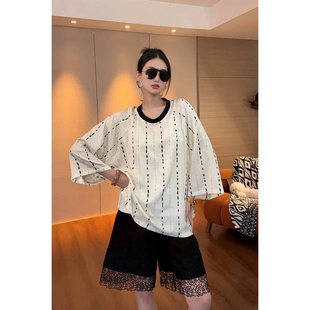 紫紫 云雾里 量感松弛撞色条纹拼接领T恤 ZD04SZHJ922