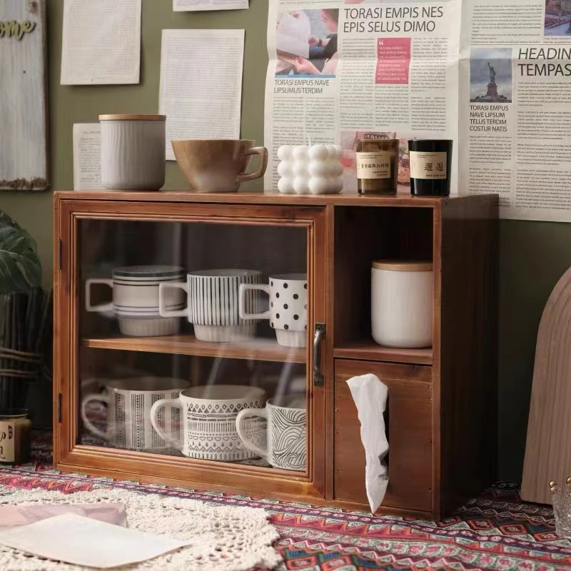 翻盖收纳柜防尘置物架木制杯子香水收纳柜收纳架透明梳纸巾盒