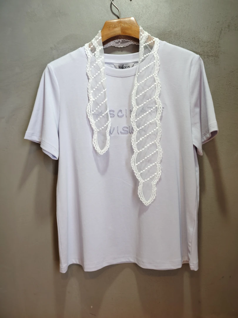 麦寻短袖字母宽松型蕾丝简约通勤T恤简约