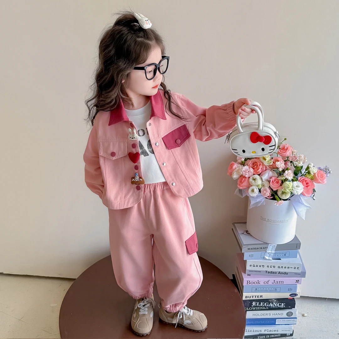 女童套装春秋季2025新款儿童洋气女宝宝秋装新款外套卡通两件套潮