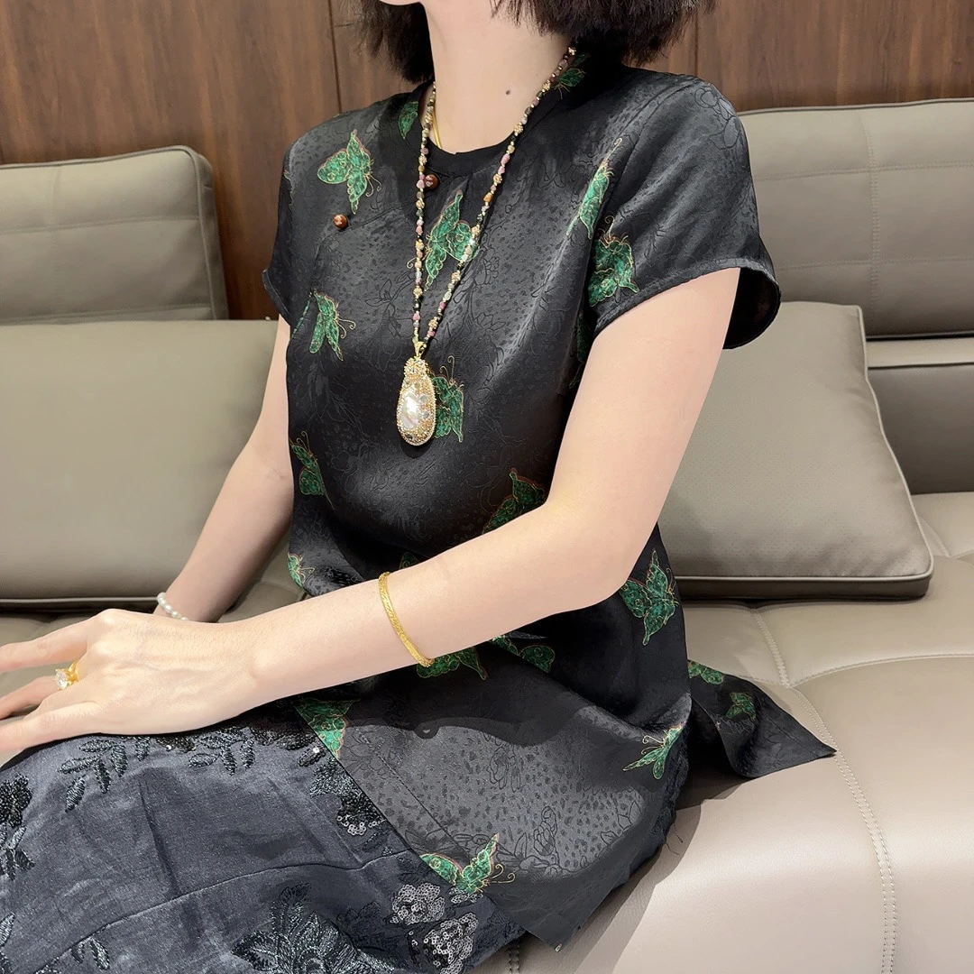 小立领绿色蝴蝶斜襟短袖上衣