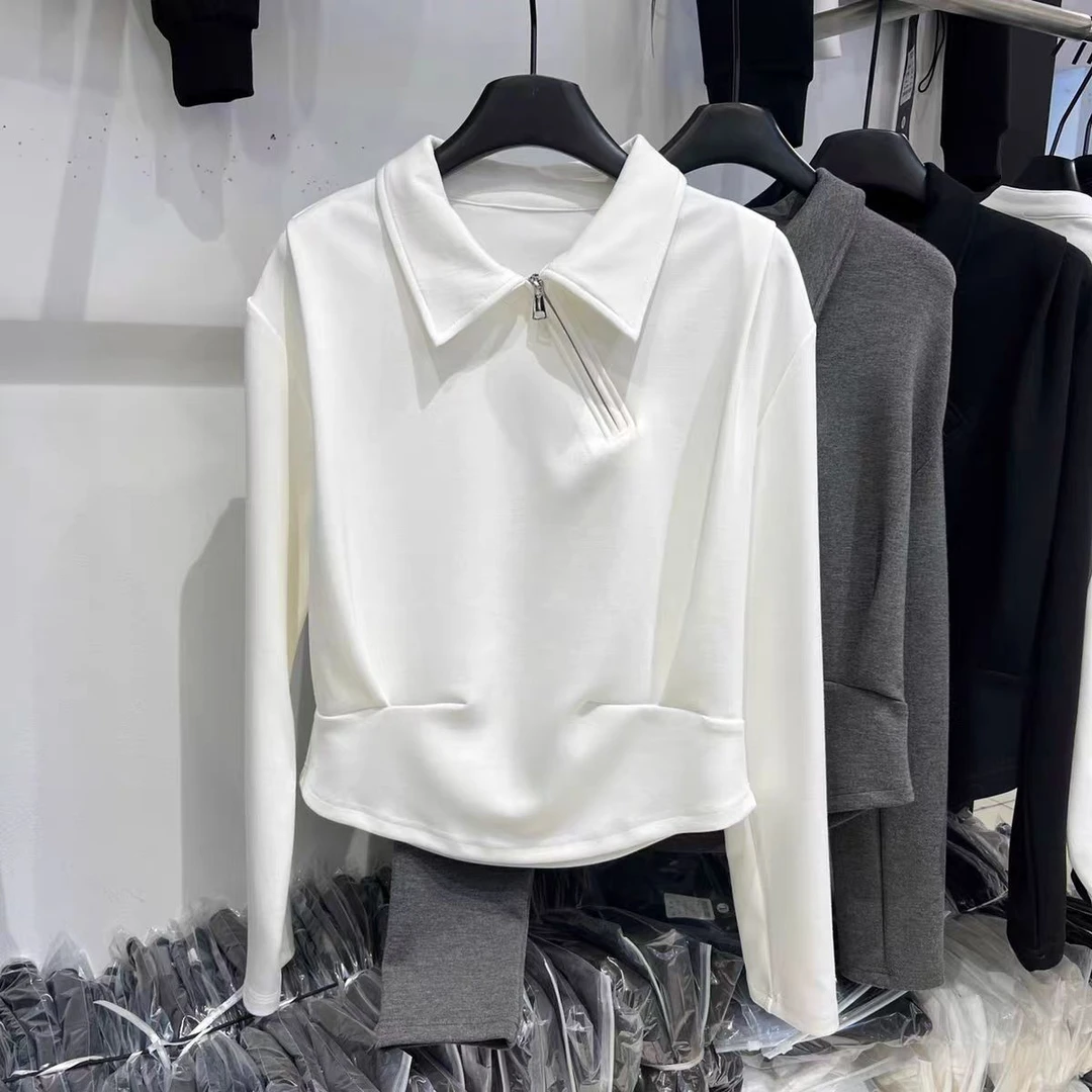 3664#斜拉链设计翻领长袖T恤女秋季宽松显瘦洋气褶皱百搭