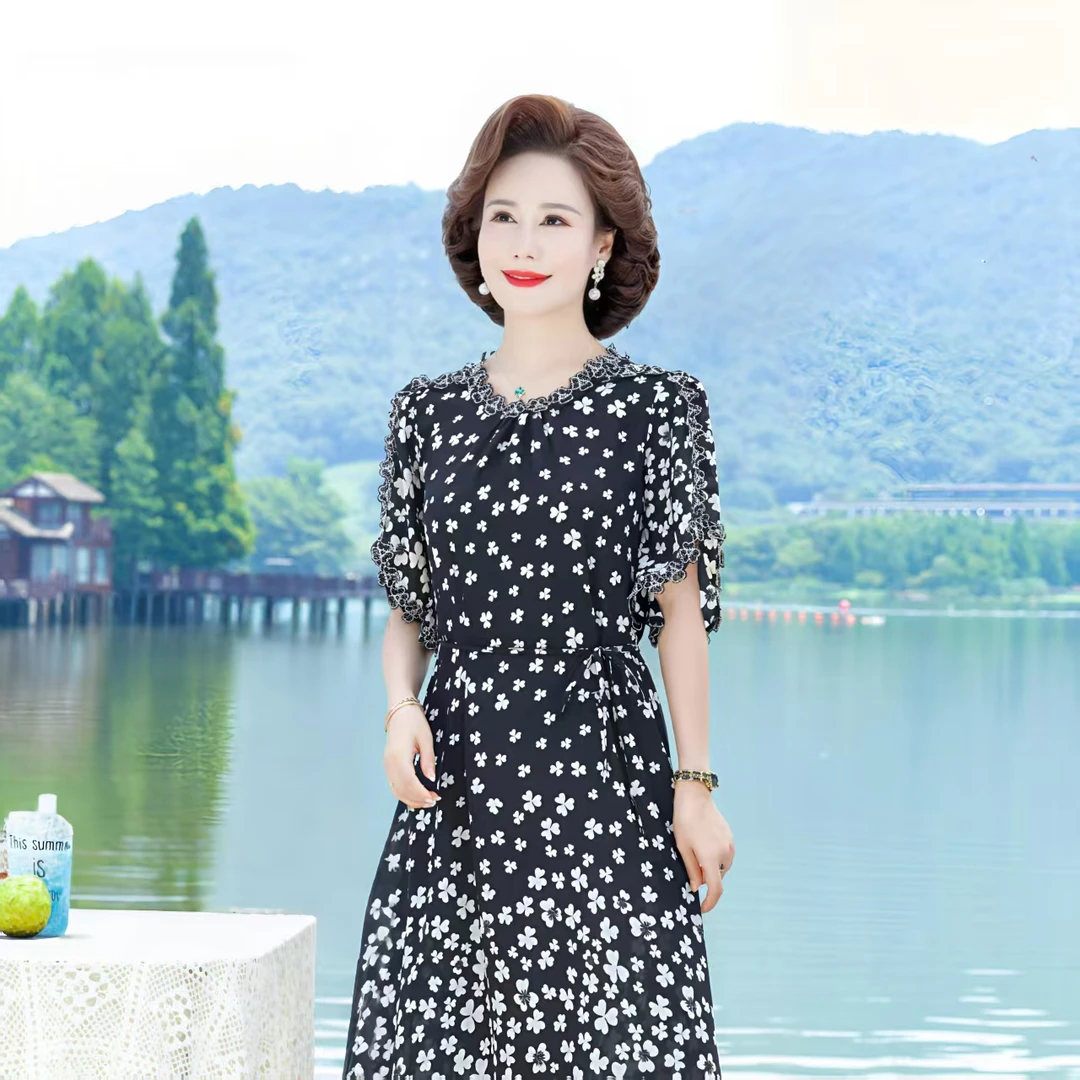 10187-薄款收腰中老年女装时尚常规款长裙连衣裙印花【C18-2-2】