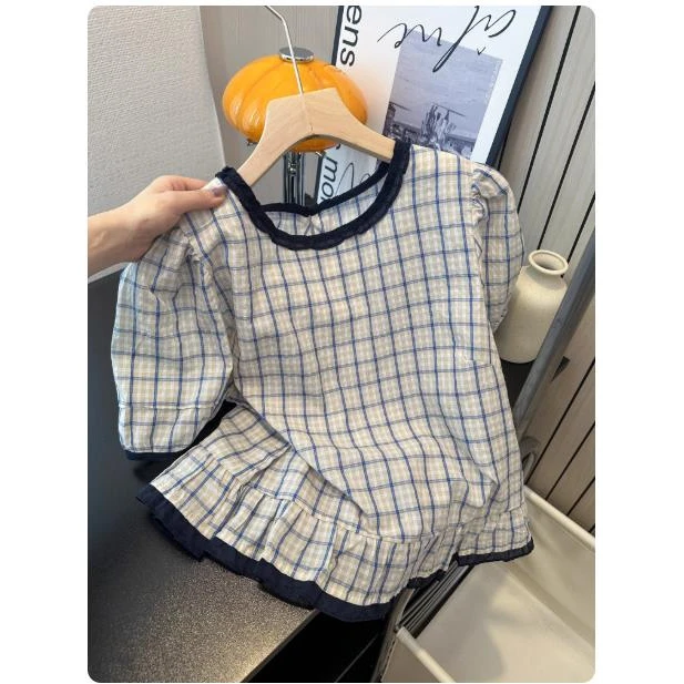一眼就爱上!格子木耳边短袖上衣女2025年韩货甜美减龄设计感小衫