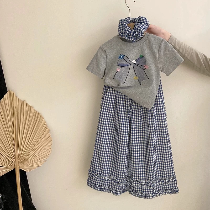 女童夏季2025新款印花蝴蝶结短袖宽松休闲花边格子裤子潮流两件套