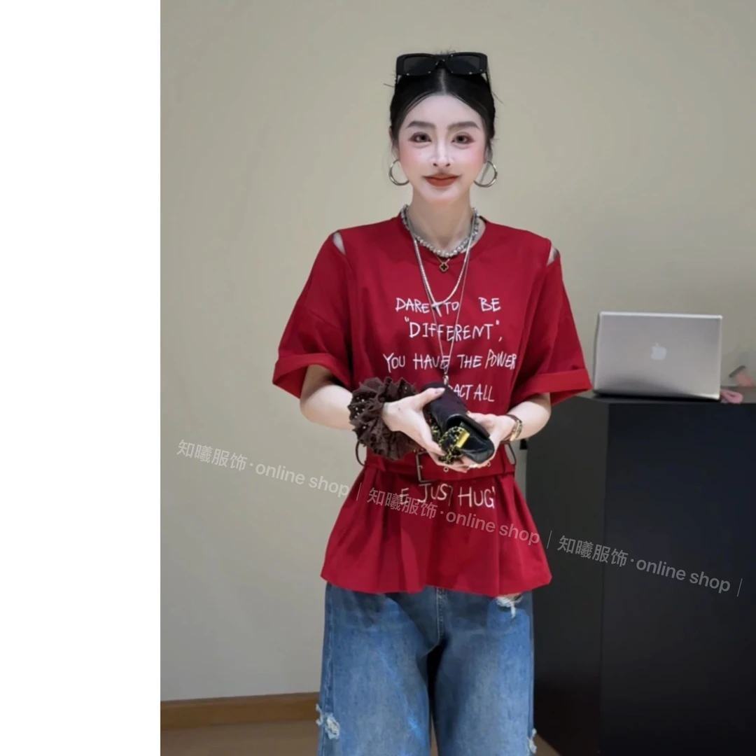 2025夏季新款时尚圆领露肩短袖系带小字母印花T恤0736