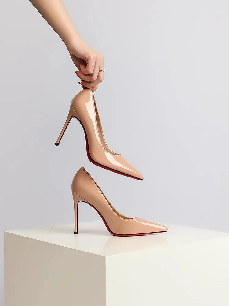 【18879人看过】裸色漆皮红底高跟鞋2025新款尖头性感法式百搭单鞋