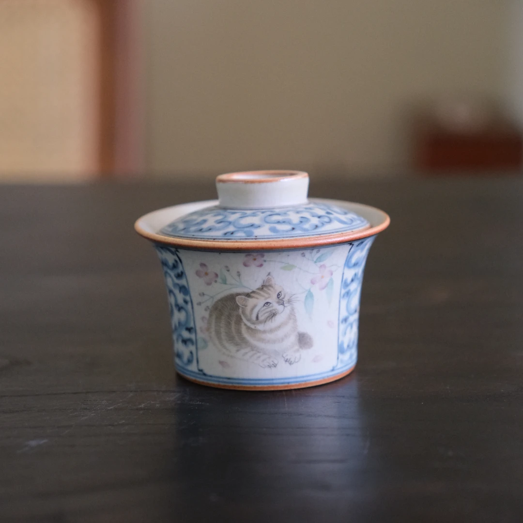 【云长】祥云开窗小猫望花马蹄盖碗