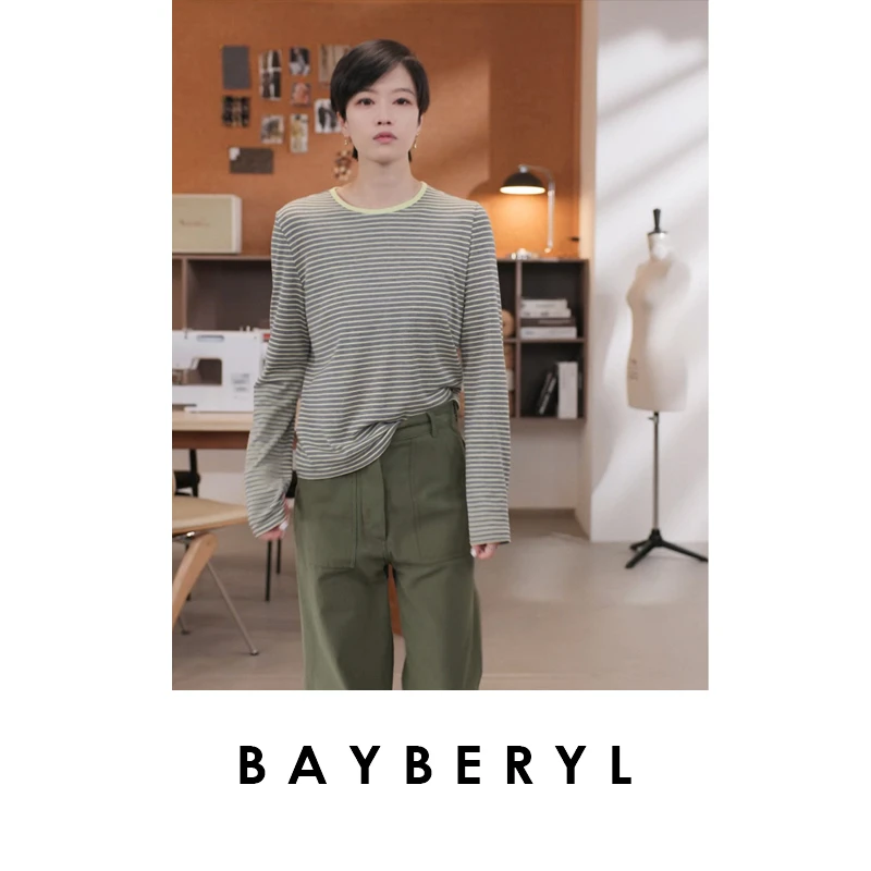 BAYBERYL老贝拼条T*撞色圆领条纹百搭舒弹秋长袖T恤NT5E2822