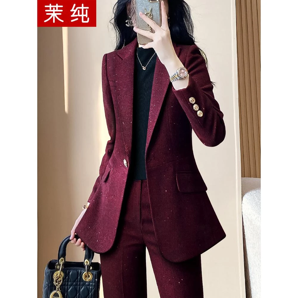 西装外套女暗红色条纹加厚西服高级感秋冬高级感轻职场正装工作服