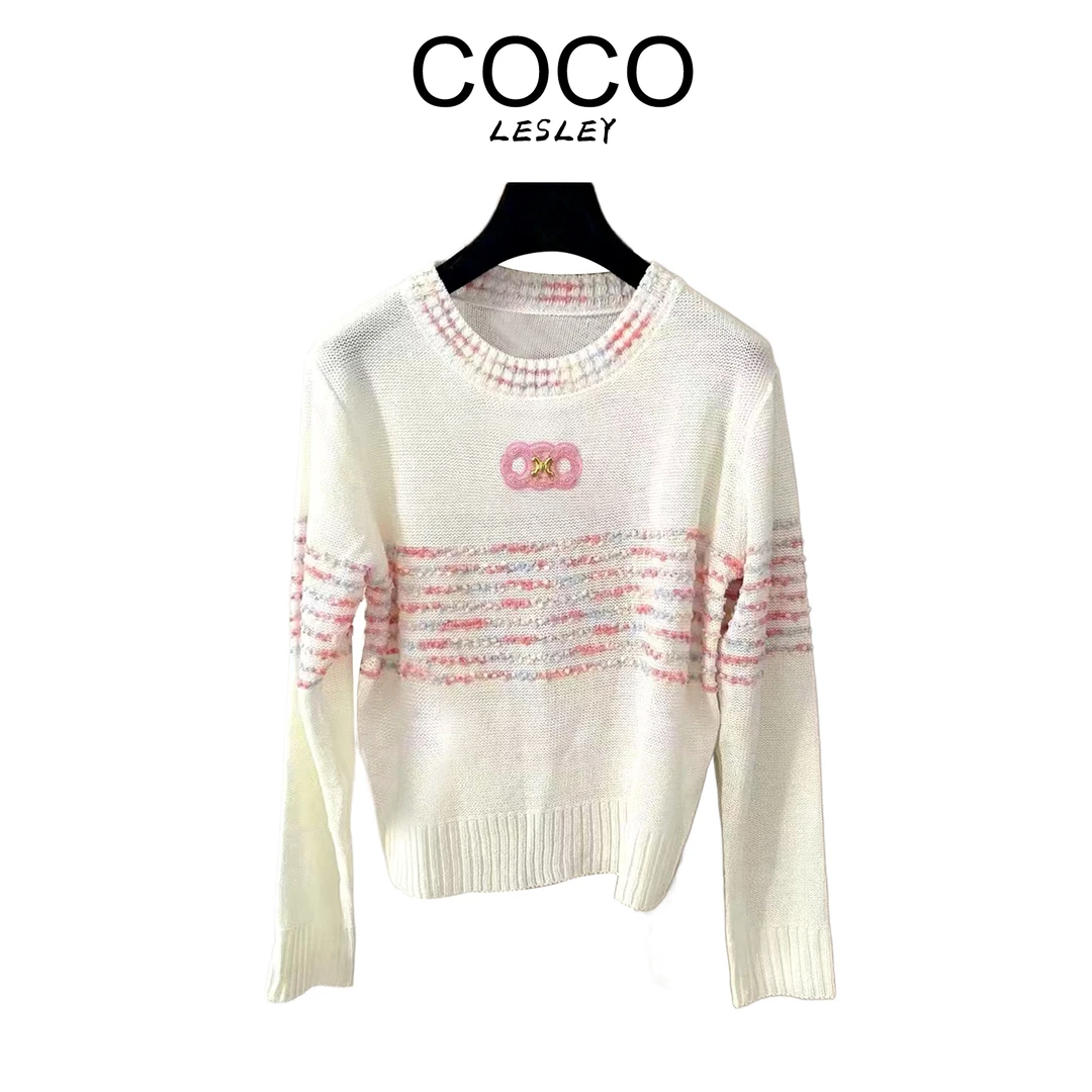 【COCO LESLEY】轻奢撞色提花条纹时尚宽松套头针织长袖衫