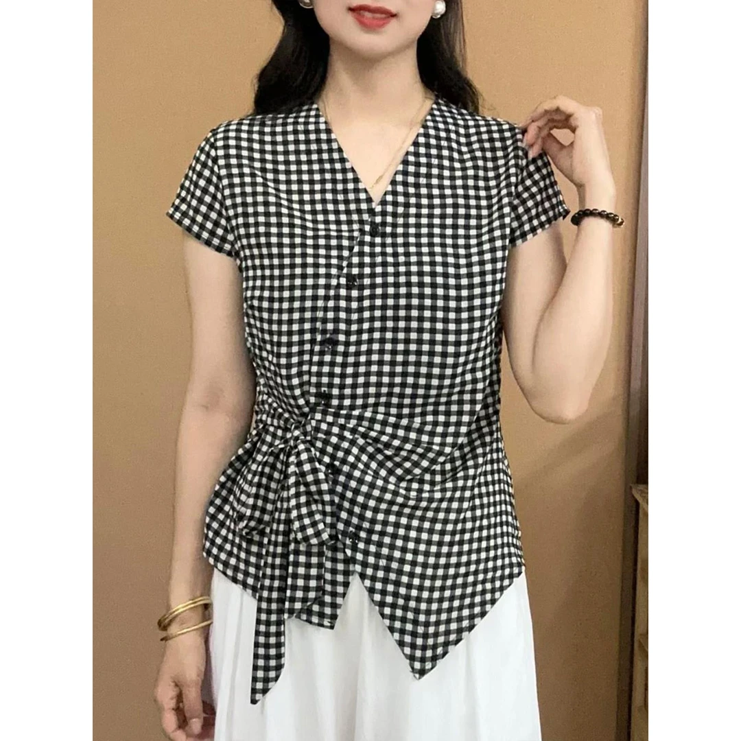 洋气质格子显瘦系带短袖T恤女夏款减龄妈妈装时尚V领薄款收腰上衣