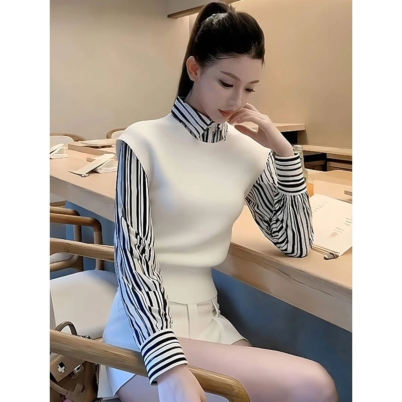 休闲风白色条纹Polo领长袖衬衫女秋季减龄百搭漂亮马甲上衣两件套