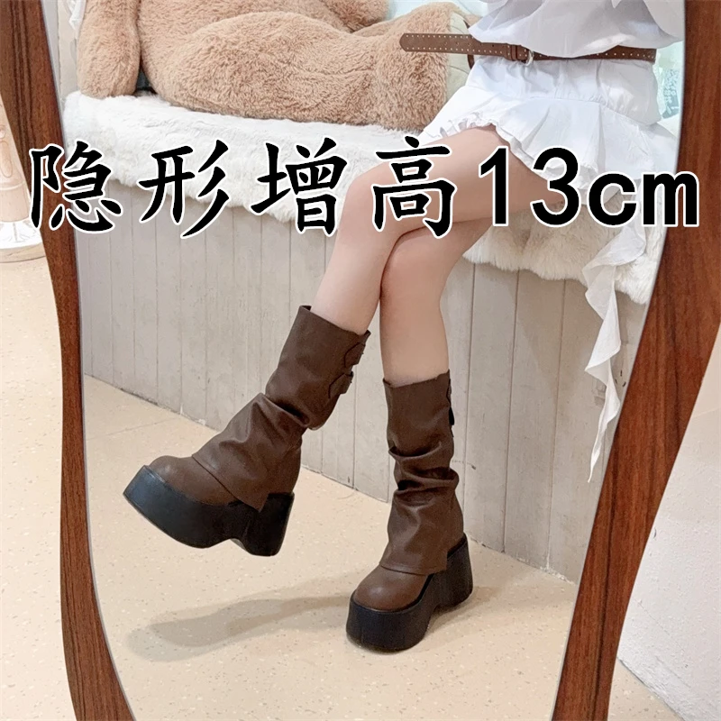 内增高13cm长筒靴女新款秋冬季加绒真皮小个子厚底西部中筒裤管靴
