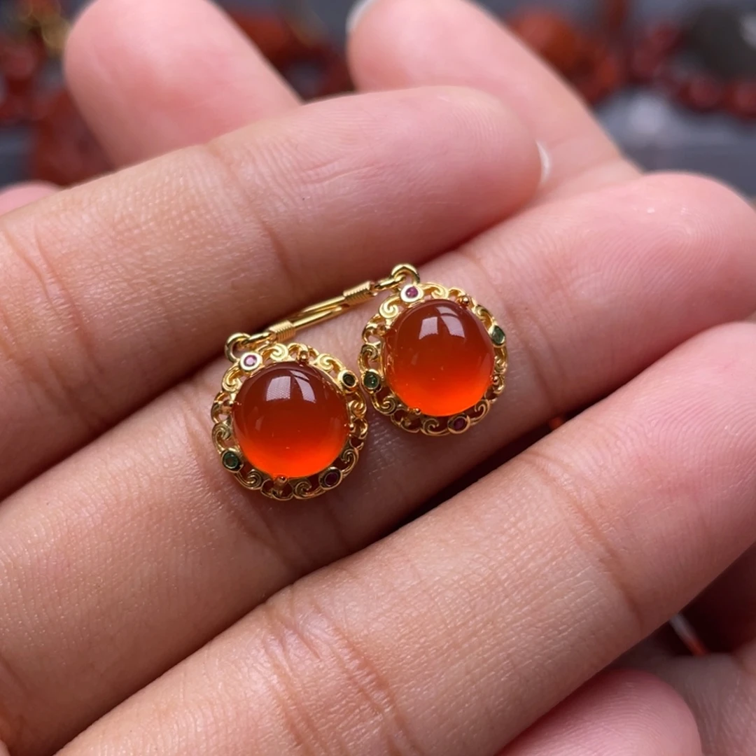 南红玛瑙银S925镶嵌珠宝奇石耳环