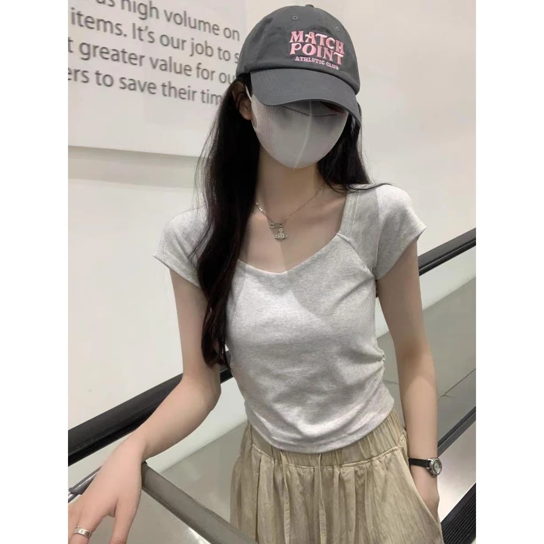 低领正肩灰色短袖t恤女夏季插肩不规则褶皱体恤显瘦辣妹方领上衣