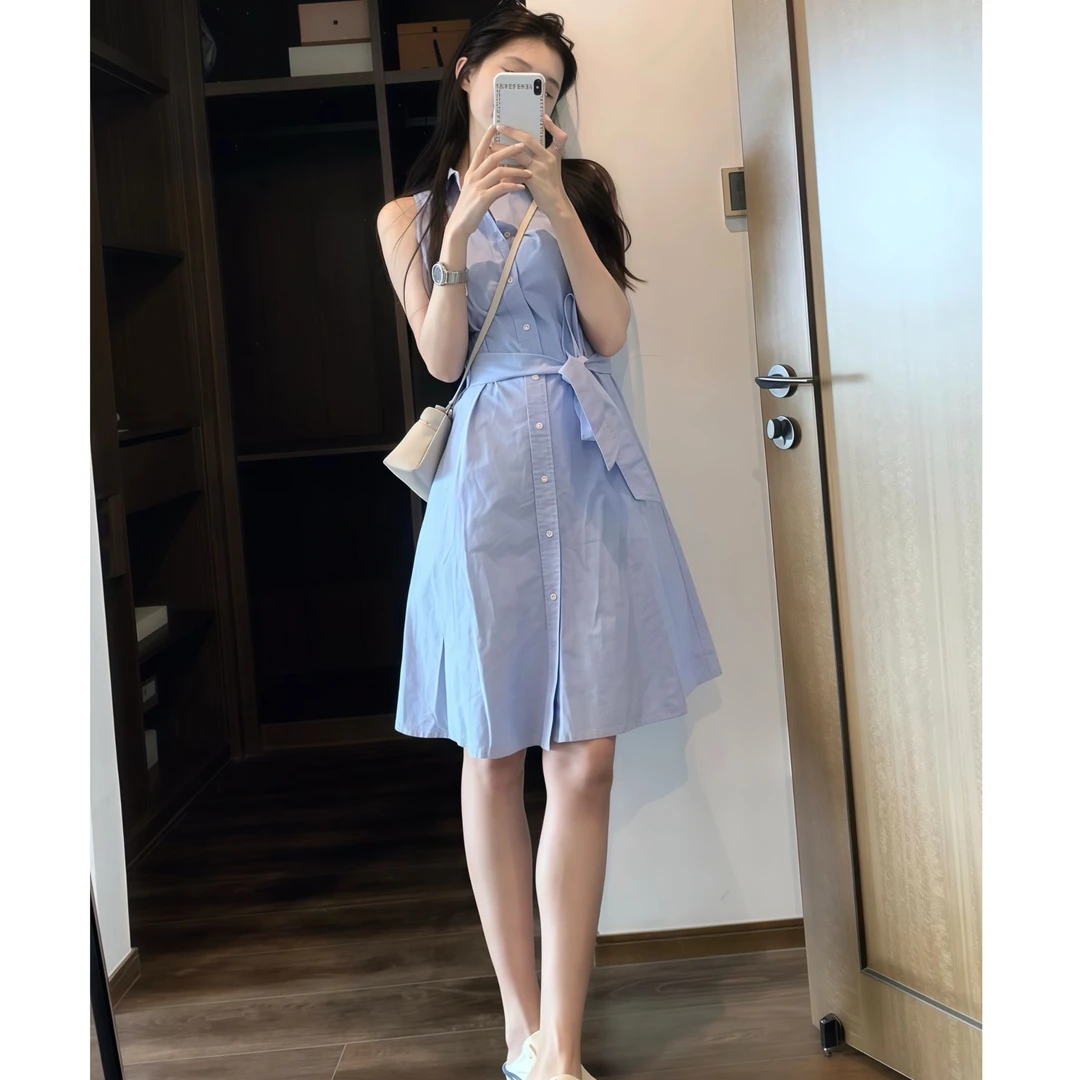 2025夏季新款小个子无袖连衣裙背心裙翻领收腰显瘦气质系带夏韩版