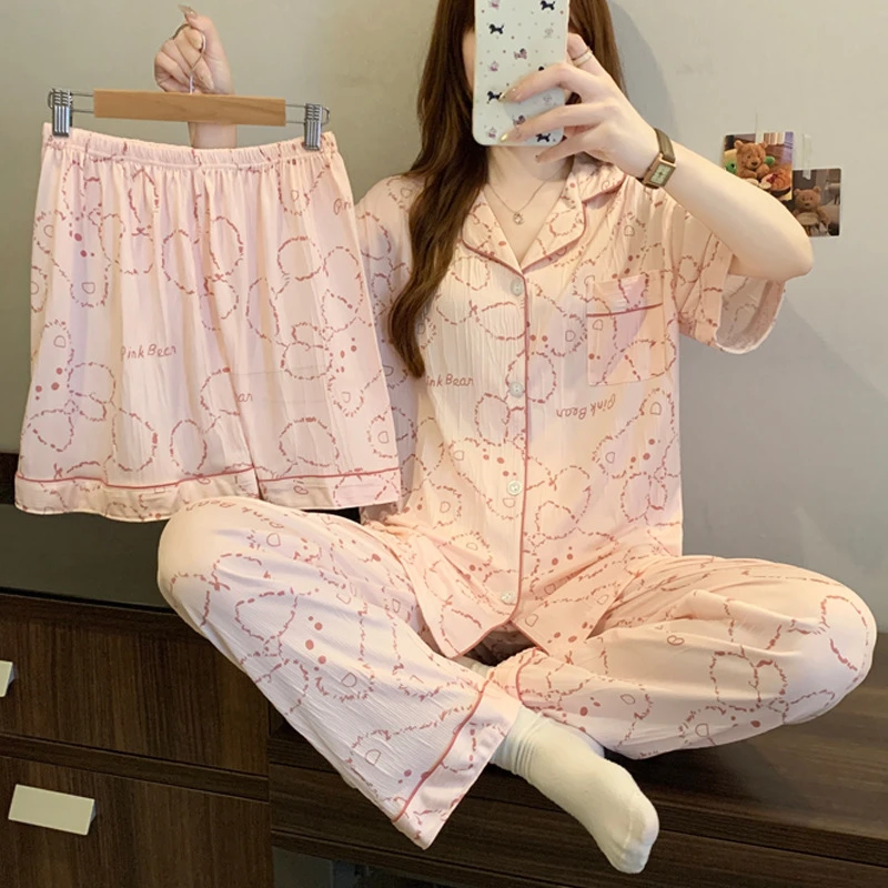 少女甜美粉色泰迪熊皱布睡衣女新款短袖三件套舒适亲肤家居服批发