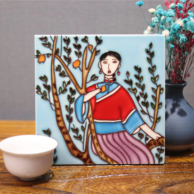 15cm方-人物系列瓷板画家居陶瓷装饰摆件