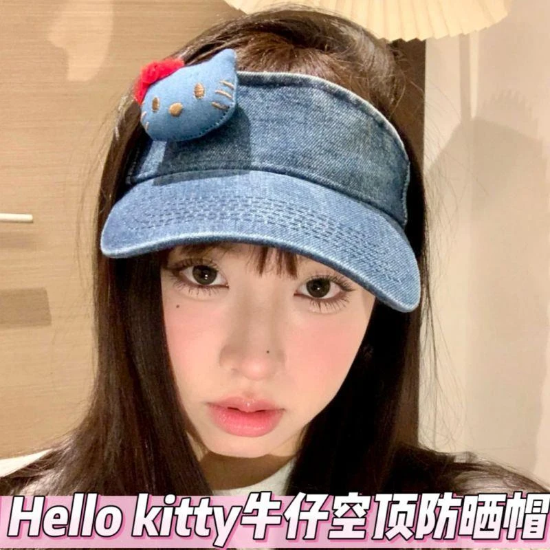 可爱HelloKitty牛仔防晒帽夏季空顶帽丹宁kt猫蝴蝶结复古做旧猫咪