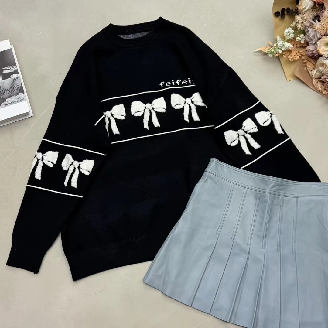 2025新韩版慵懒风蝴蝶结减龄百搭休闲宽松针织毛衣