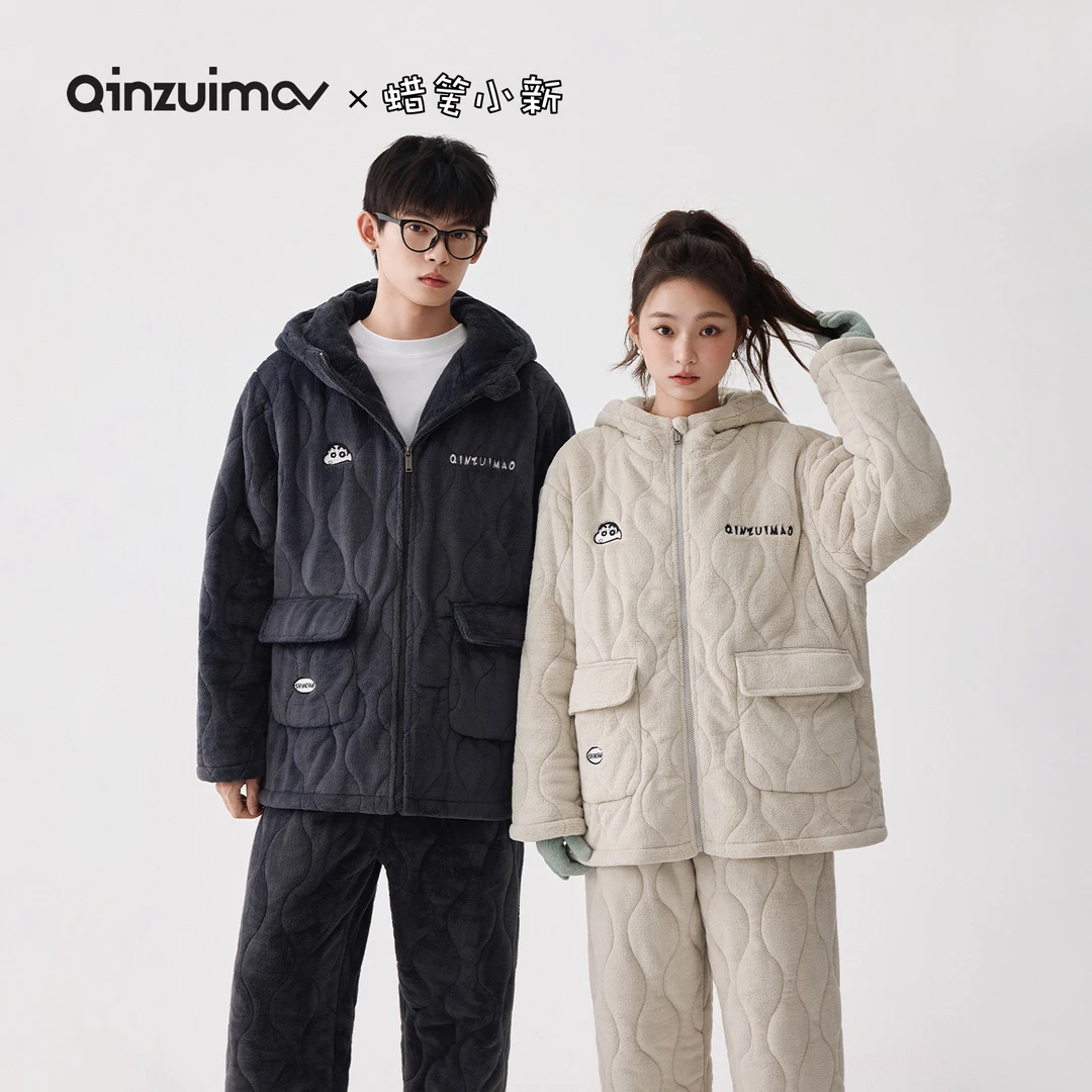 亲嘴猫【蜡笔小新】冬季情侣暖暖绒夹棉睡衣三层加厚家居服套装外穿