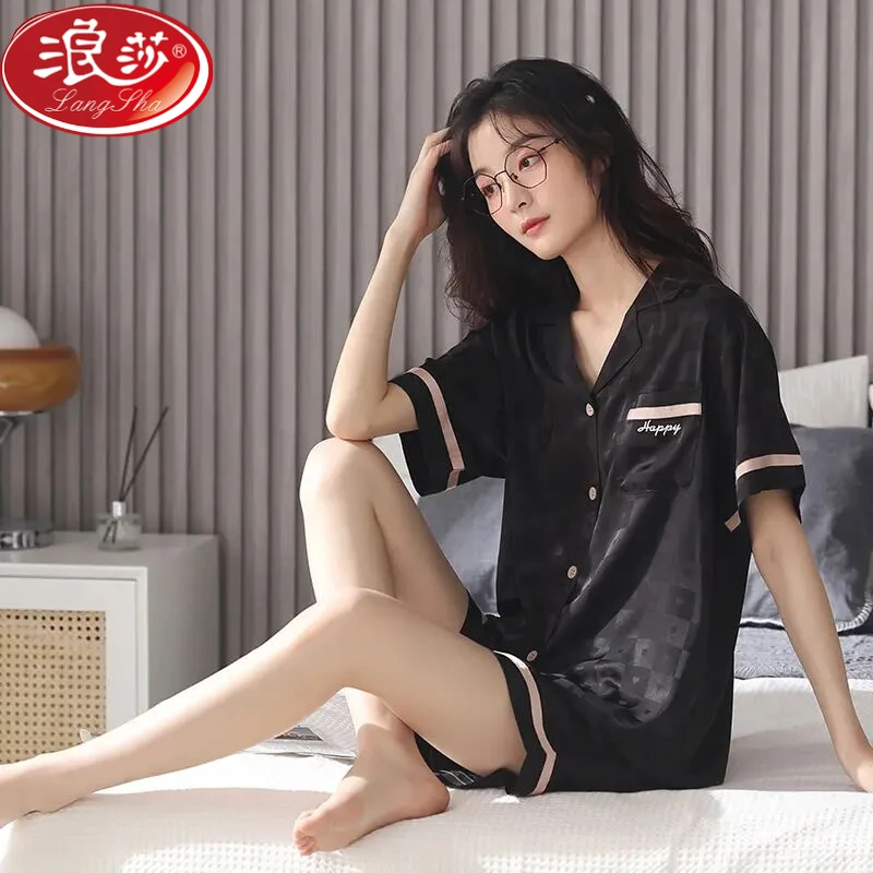 浪莎睡衣女夏季冰丝短袖短裤新款薄款网红风春夏家居服凉感套装