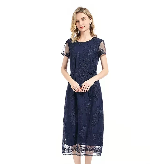 Shengyuzhu/声雨竹新款连衣裙短袖圆领套头纯色修身中长款蕾丝裙