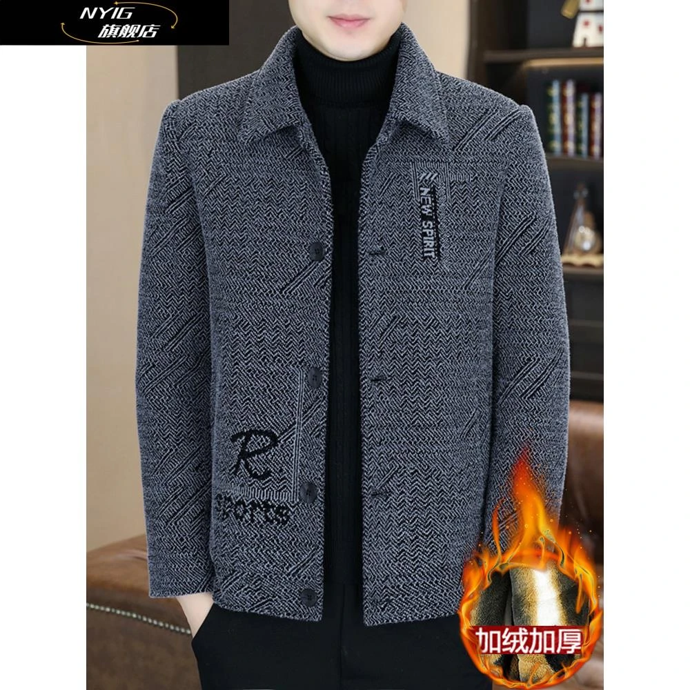 NYIG秋冬季新款翻领呢子夹克男修身加绒加厚保暖短款毛呢大衣外套