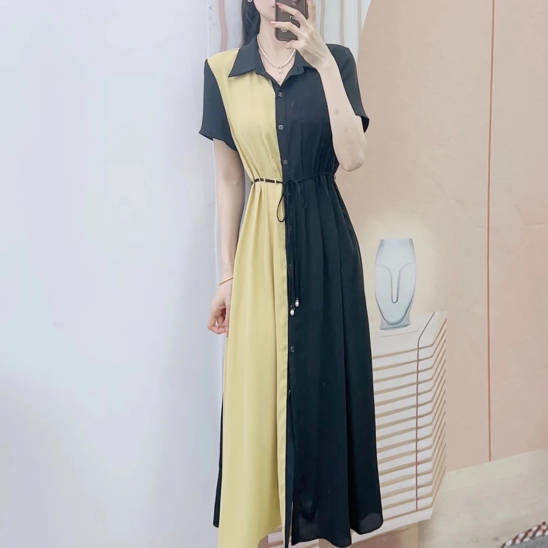C2清仓汉派时尚通勤翻领撞色简约短袖连衣裙112