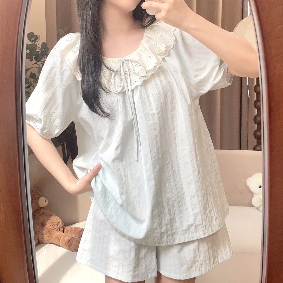 【5878海盐】短袖短裤甜美新纯棉薄夏季外穿家居服睡衣宽松带胸垫