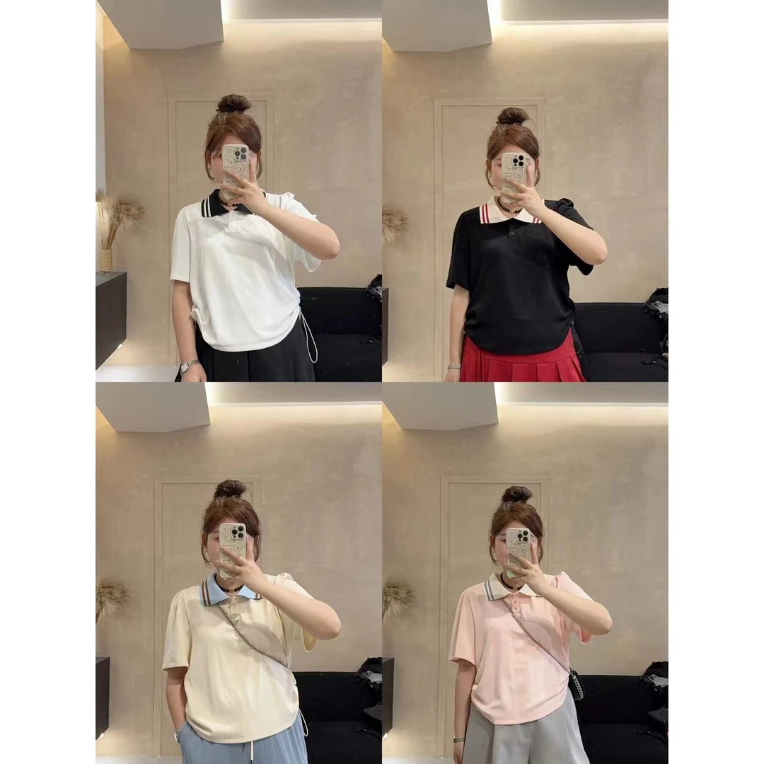 【恋爱双击】撞色polo领短款T恤上衣显瘦气质夏季小众抽绳
