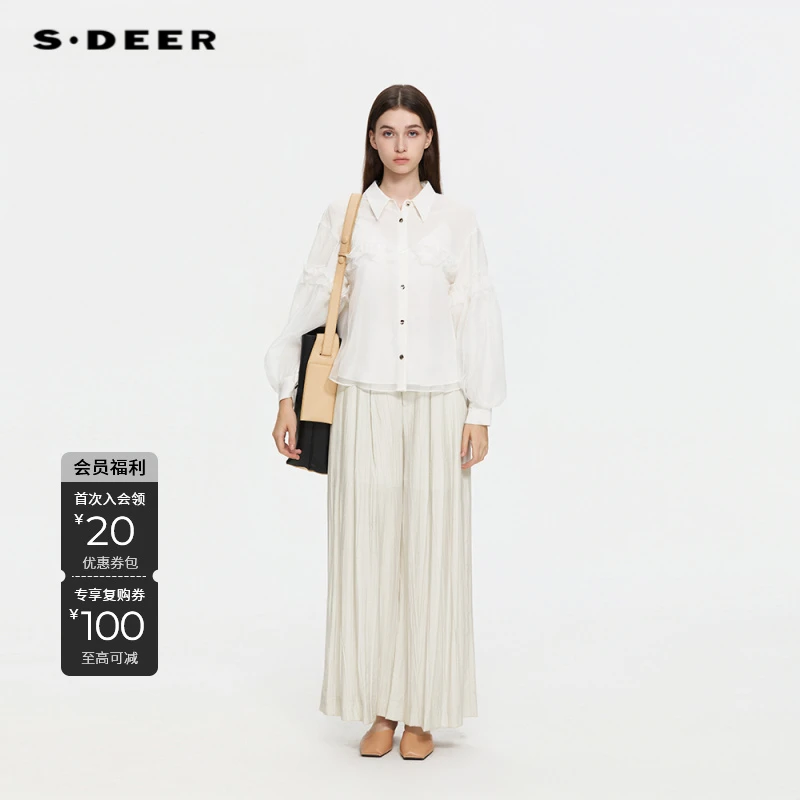 S·DEER圣迪奥衬衣白色休闲复古百褶提花绣花衬衫S253Z0528