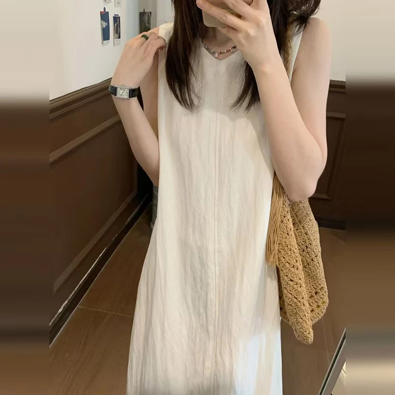气质法式宽松中长款无袖纯色设计感纯棉连衣裙显瘦白色夏季复古