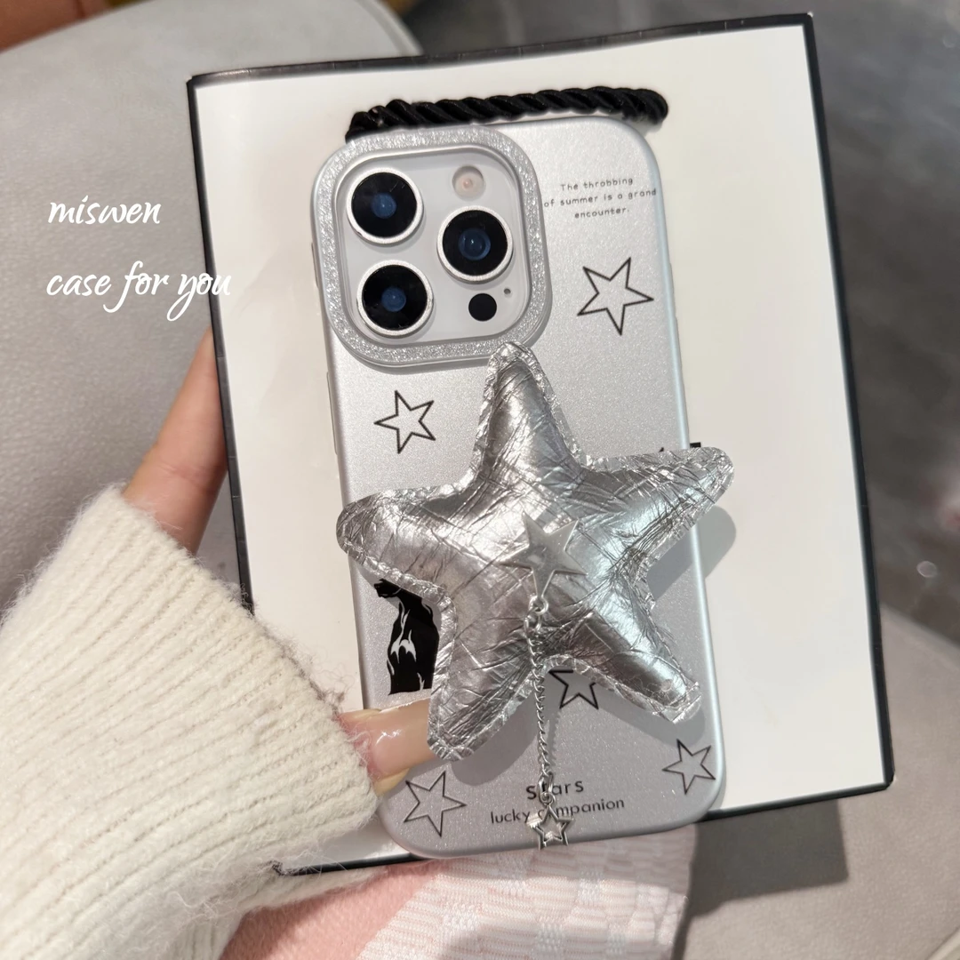 日韩ins银底比特犬星星支架适用iPhone16promax手机壳15女款14p13