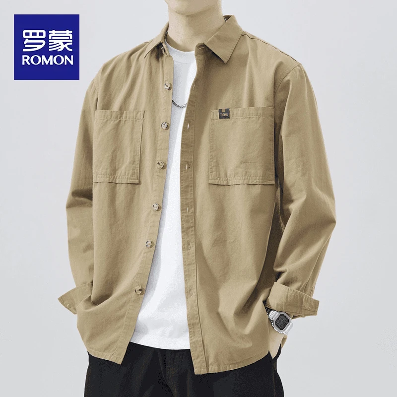 罗蒙2025新款工装宽松透气休闲衬衣外套百搭美式夏季长袖衬衫男士