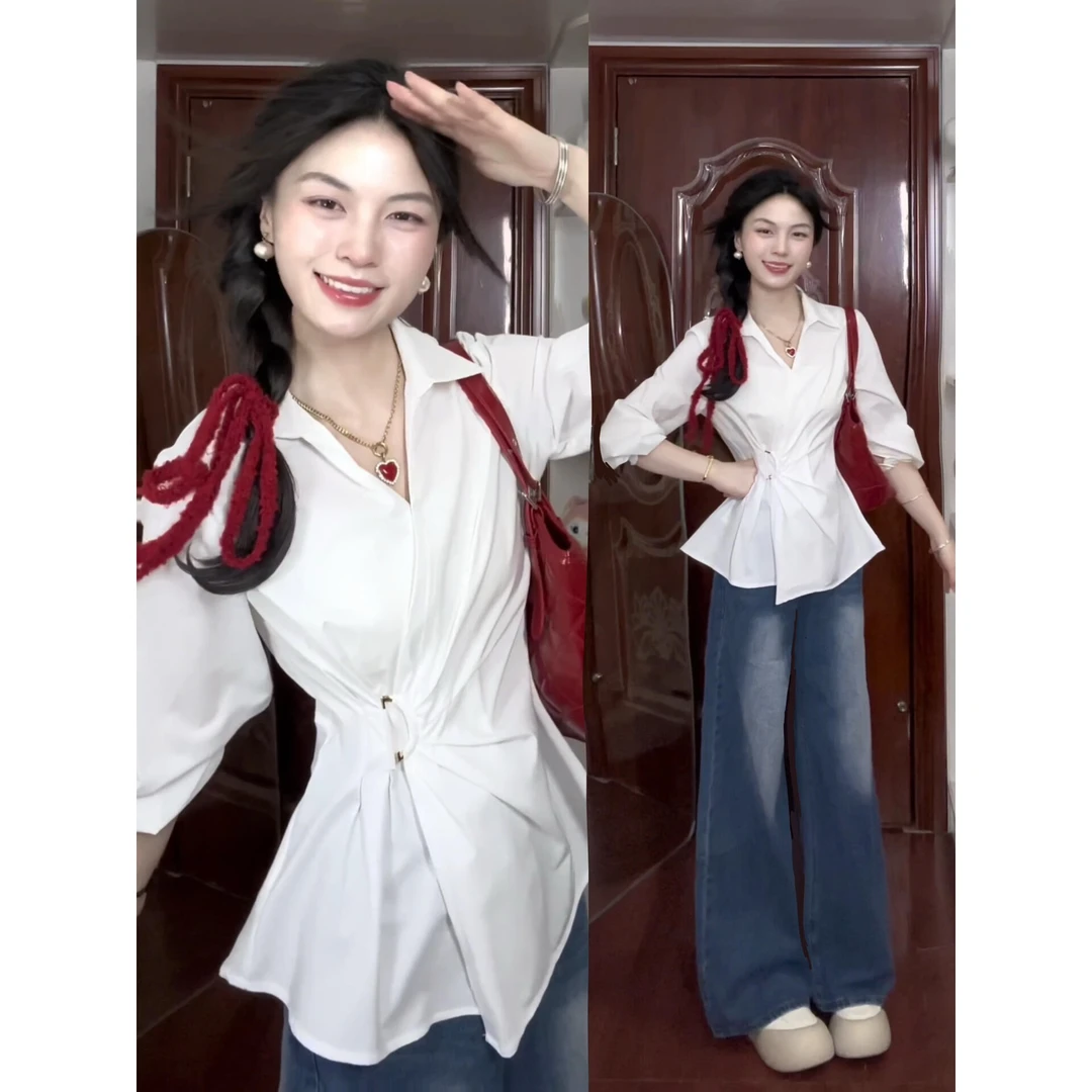 夏季时尚穿搭2025新款韩系气质通勤百搭衬衫女显瘦牛仔裤两件套装