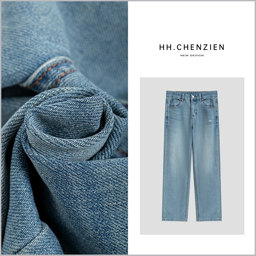 【黑黑家】春夏新款女单扣裤腿磨破设计百搭直筒牛仔裤