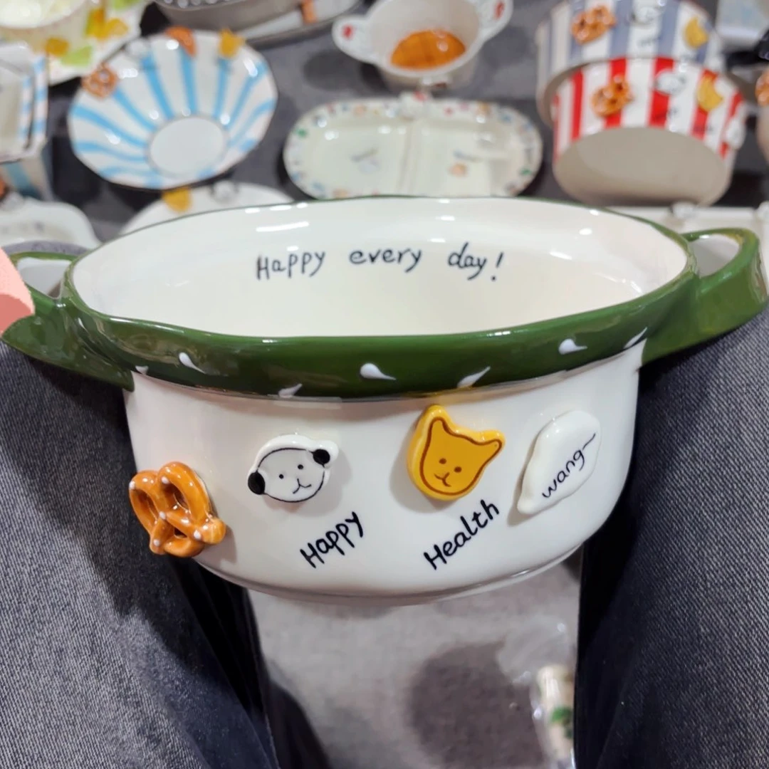 白瓷纽扣小狗双耳八寸大汤盆绿色