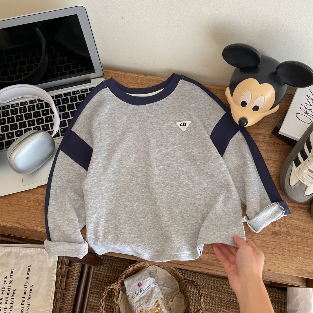 春秋新款儿童棉打底衫韩版休闲拼色圆领撞色男童长袖T恤