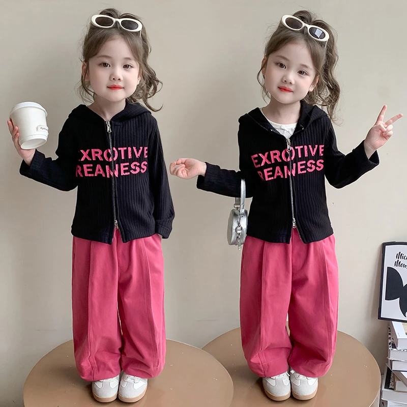 儿童休闲长袖套装秋季2025新款女童春秋款韩版时髦连帽开衫两件套