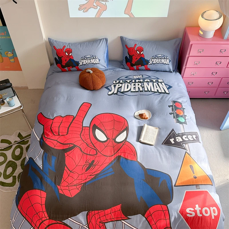 全棉蜘蛛侠四件套双层纱布纯棉卡通男孩学生宿舍三件套可爱被套