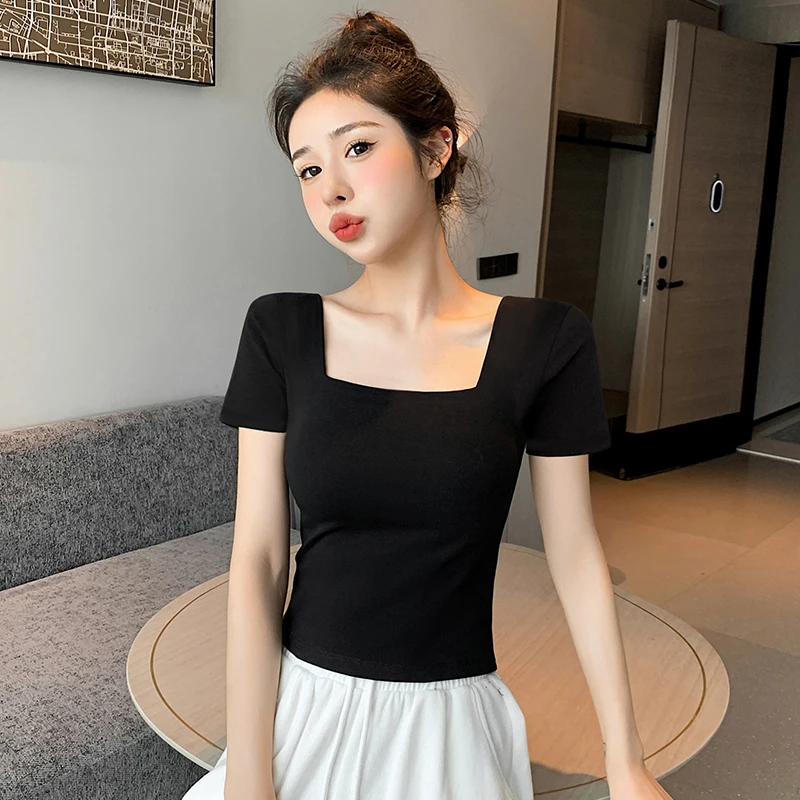 黑色短袖t恤女夏季正肩方领紧身高腰短款小众别致上衣装2025新款
