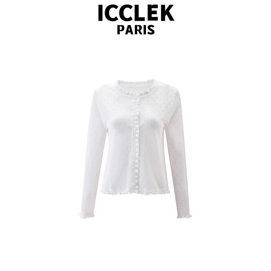 ICCLEK 白色开襟花边针织衫 夏季 休闲 百搭 -5540